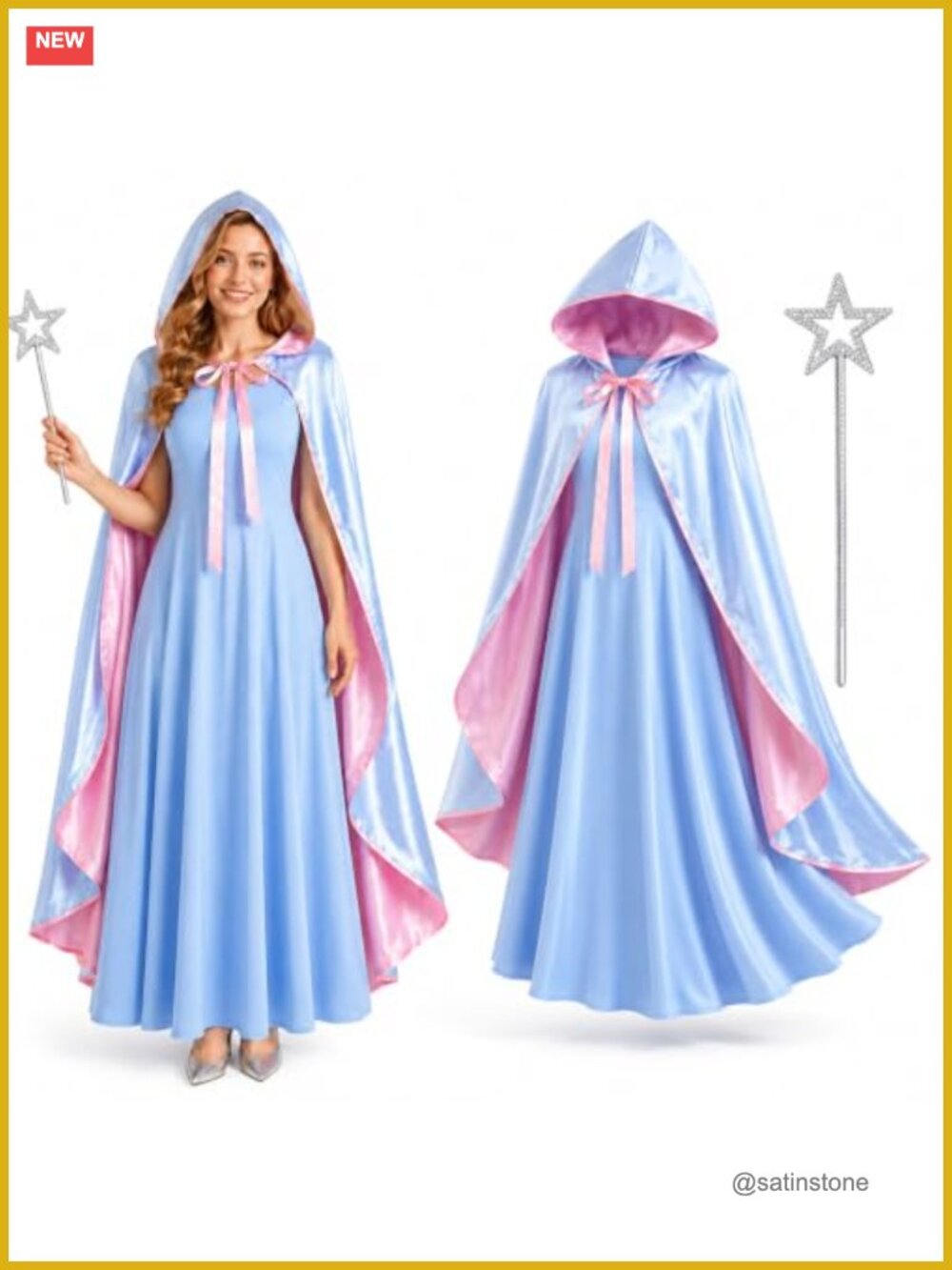 Fairy Godmother Costume 3-Piece Satin Hooded Cape Dress Wand Cosplay